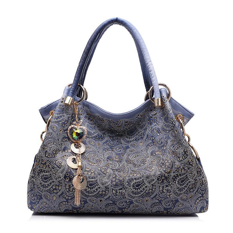Hollow Out Ombre Floral Print Leather Satchel