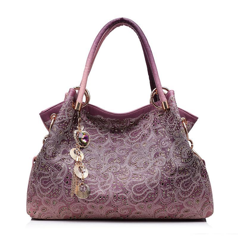 Hollow Out Ombre Floral Print Leather Satchel