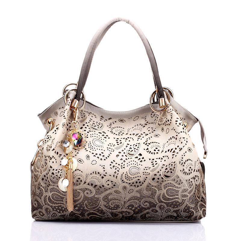 Hollow Out Ombre Floral Print Leather Satchel